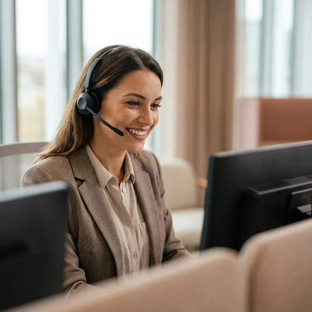 Smiling language services professional wearing a headset at her desk