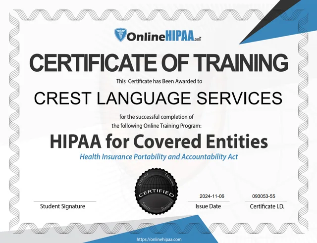 Crest translation services: crest Language Services published HIPAA training certificate